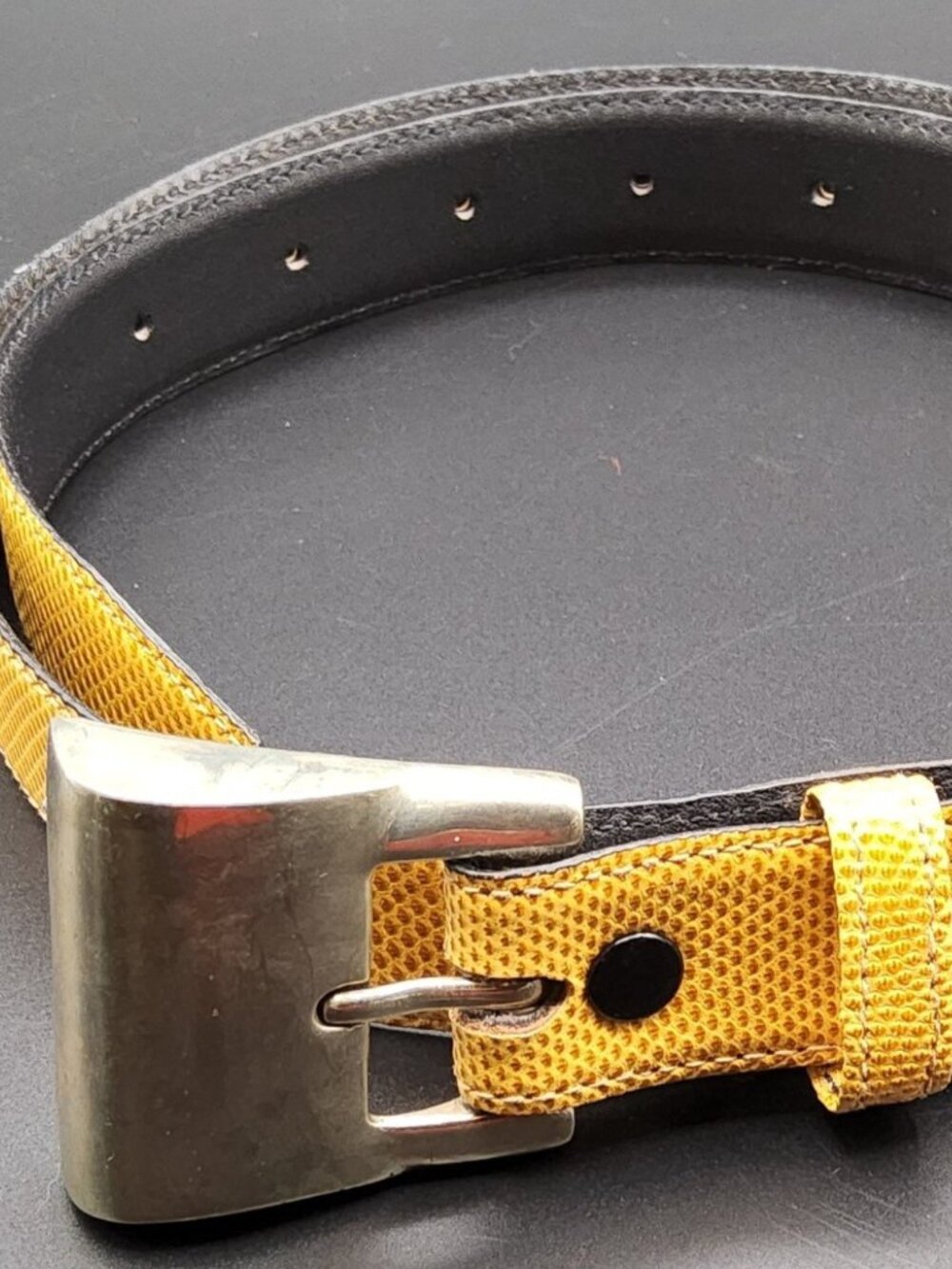 Vintage Jeff Deegan Designs Yellow/Gold Lizard Skin Belt With Removable Bronze